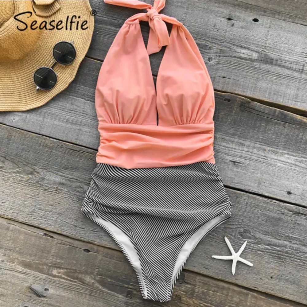 Seaselfie Halter Deep V-neck One Piece Swimwear
